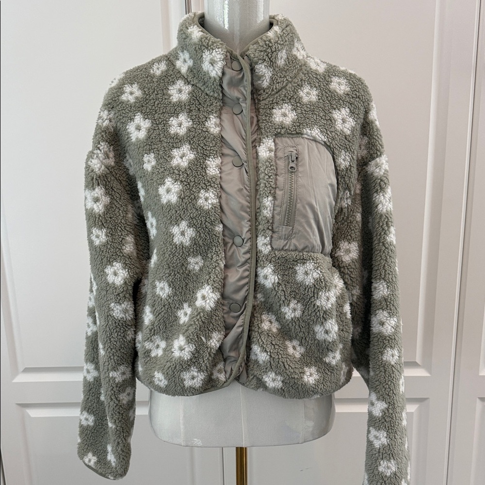 Thread & Supply Olive Green and White Floral Sherpa Jacket